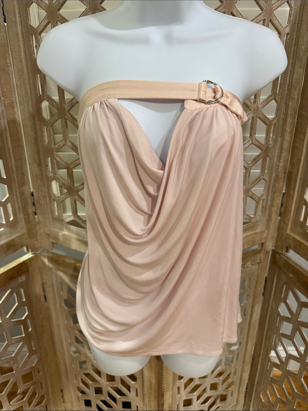 100% Silk Foley Draped Strapless Blush Pink Top with Silver Ring Detail Sz Med